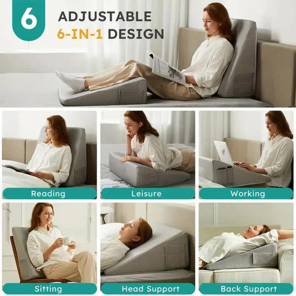 Collage montrant un coussin modulable 6-en-1 en usages : lecture, détente, travail, assise, soutien de la tête et du dos.
