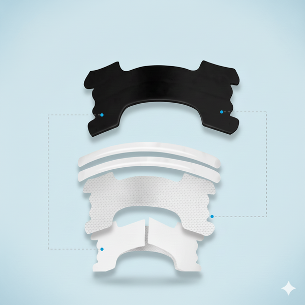 Vue éclatée des composants d’un clip nasal : coque noire, coussinet en mousse, inserts et bandes adhésives disposés séparément.