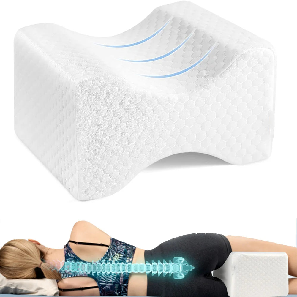 Oreiller Genoux Mémoire de Forme avec Sangle – Alignement Hanches & Soulagement Jambes, Dos et Sciatique
