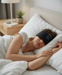 Bandeau de sommeil Bluetooth ultra-fin : haut-parleurs intégrés, tissu doux et lavable. Confort et son discret pour des nuits reposantes.