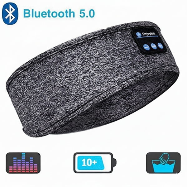 Bandeau de sommeil Bluetooth gris à haut-parleurs intégrés et boutons de contrôle visibles ; icônes indiquant son clair, autonomie 10+ heures et matériel lavable.