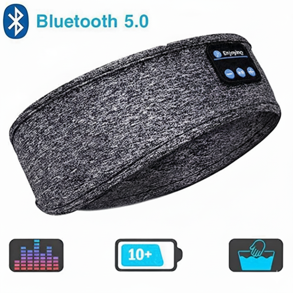 Bandeau de sommeil Bluetooth gris à haut-parleurs intégrés et boutons de contrôle visibles ; icônes indiquant son clair, autonomie 10+ heures et matériel lavable.