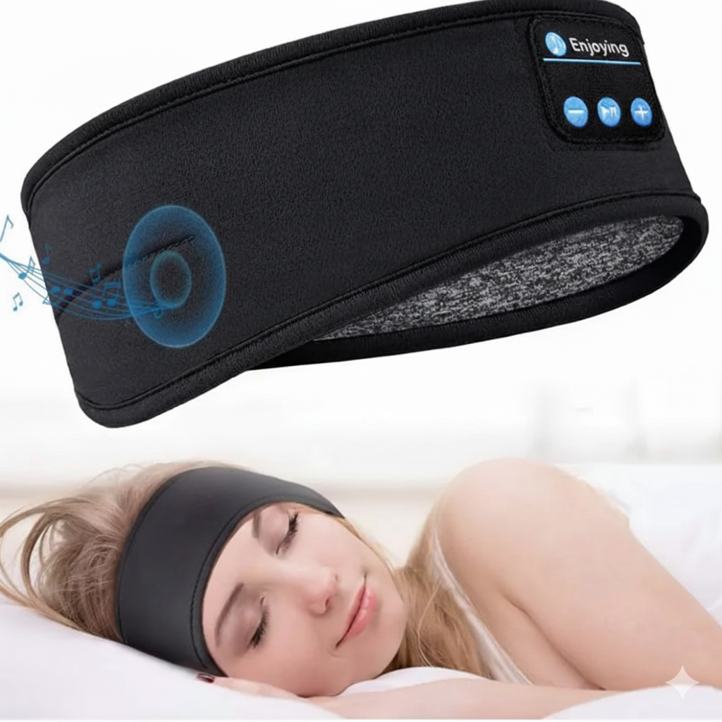 Bandeau de sommeil Bluetooth ultra-fin : haut-parleurs intégrés, tissu doux et lavable. Confort et son discret pour des nuits reposantes.