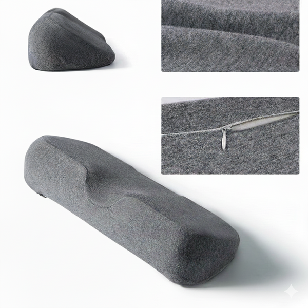 Coussin cervical ergonomique gris : profil anatomique, housse zippée amovible et gros plan sur la texture du tissu.