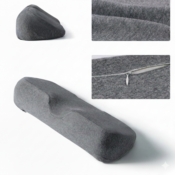 Coussin cervical ergonomique gris : profil anatomique, housse zippée amovible et gros plan sur la texture du tissu.