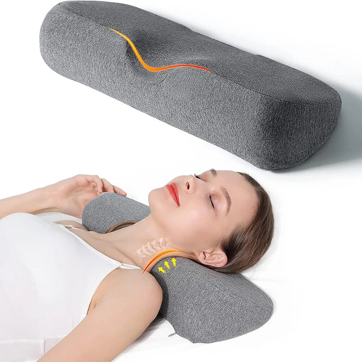 Coussin cervical ergonomique gris en mousse à mémoire — soutien confortable de la nuque, forme profilée pour relaxation, lecture ou voyage