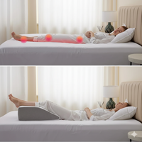 Comparatif avant/après : femme allongée sans surélévation puis avec coussin surélevant les jambes ; points rouges indiquant zones ciblées.