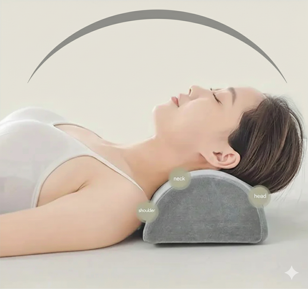 Personne allongée avec coussin demi-lune gris sous la nuque ; zones tête, cou et épaules mises en évidence.