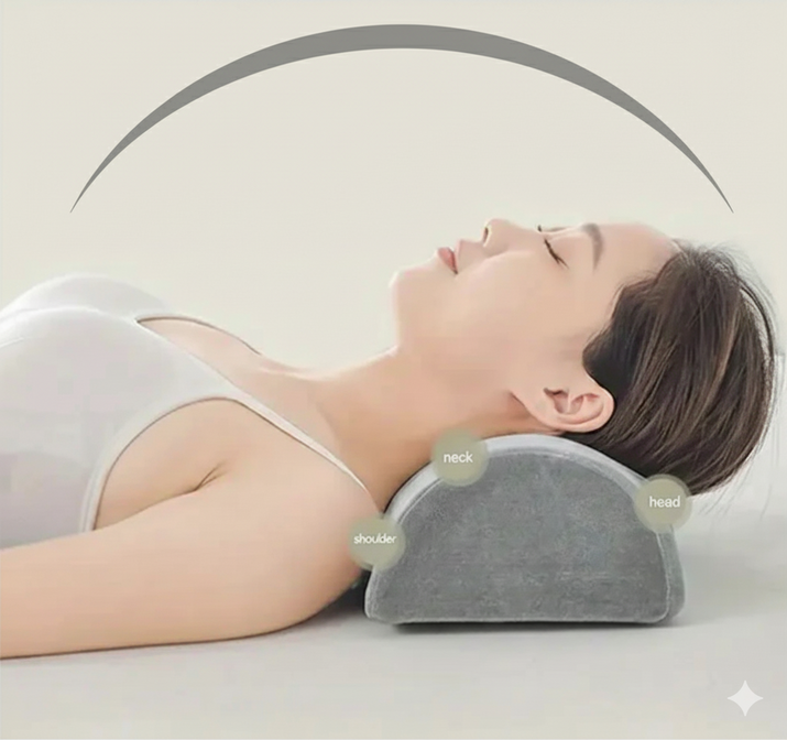 Personne allongée avec coussin demi-lune gris sous la nuque ; zones tête, cou et épaules mises en évidence.