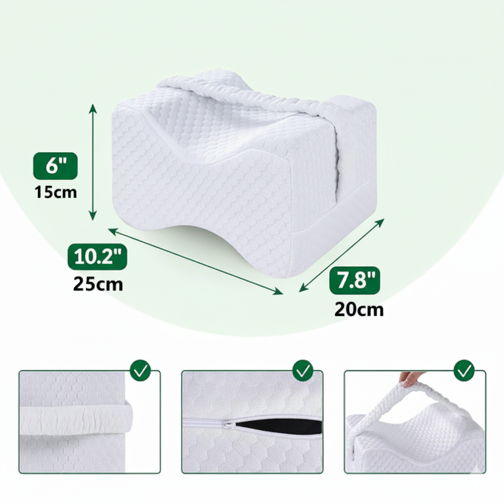 Coussin genoux ergonomique blanc (25×20×15 cm) avec sangle de maintien et housse zippée amovible ; dimensions et texture visibles.