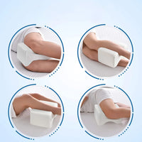 Quatre vignettes montrant l’utilisation d’un coussin genoux blanc en mousse placé entre les jambes pour différentes positions de sommeil latéral.