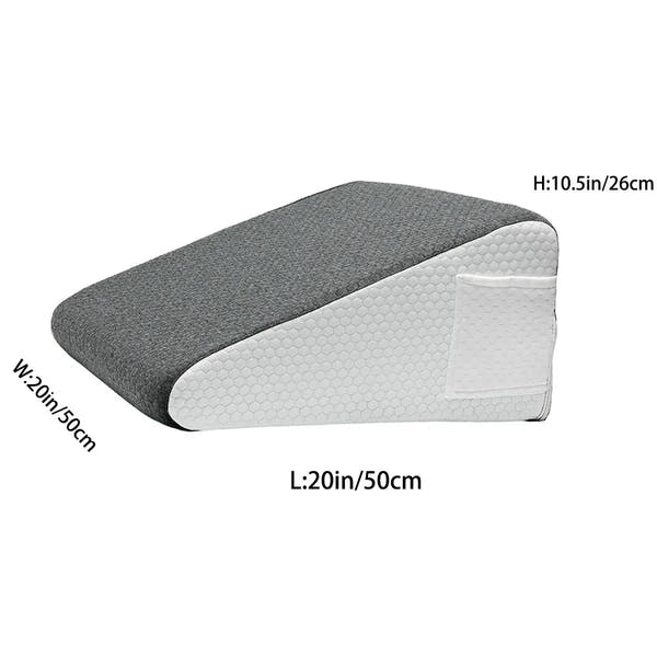 Coussin wedge ergonomique gris/blanc 50×50×26 cm ; vue produit avec poche latérale et housse texturée.