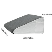 Coussin wedge ergonomique gris/blanc 50×50×26 cm ; vue produit avec poche latérale et housse texturée.