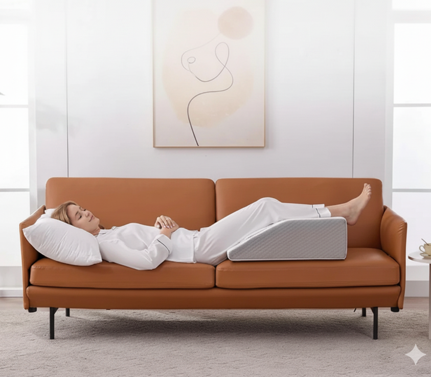 Femme allongée sur un canapé avec les jambes surélevées sur un coussin incliné gris ; support ergonomique pour détente.