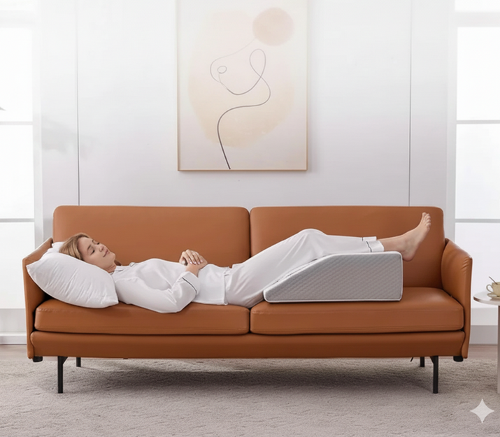 Femme allongée sur un canapé avec les jambes surélevées sur un coussin incliné gris ; support ergonomique pour détente.