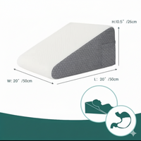 Coussin incliné ergonomique gris 50×50×26 cm ; vue produit avec dimensions et icônes illustrant usages (sommeil, digestion, maintien).