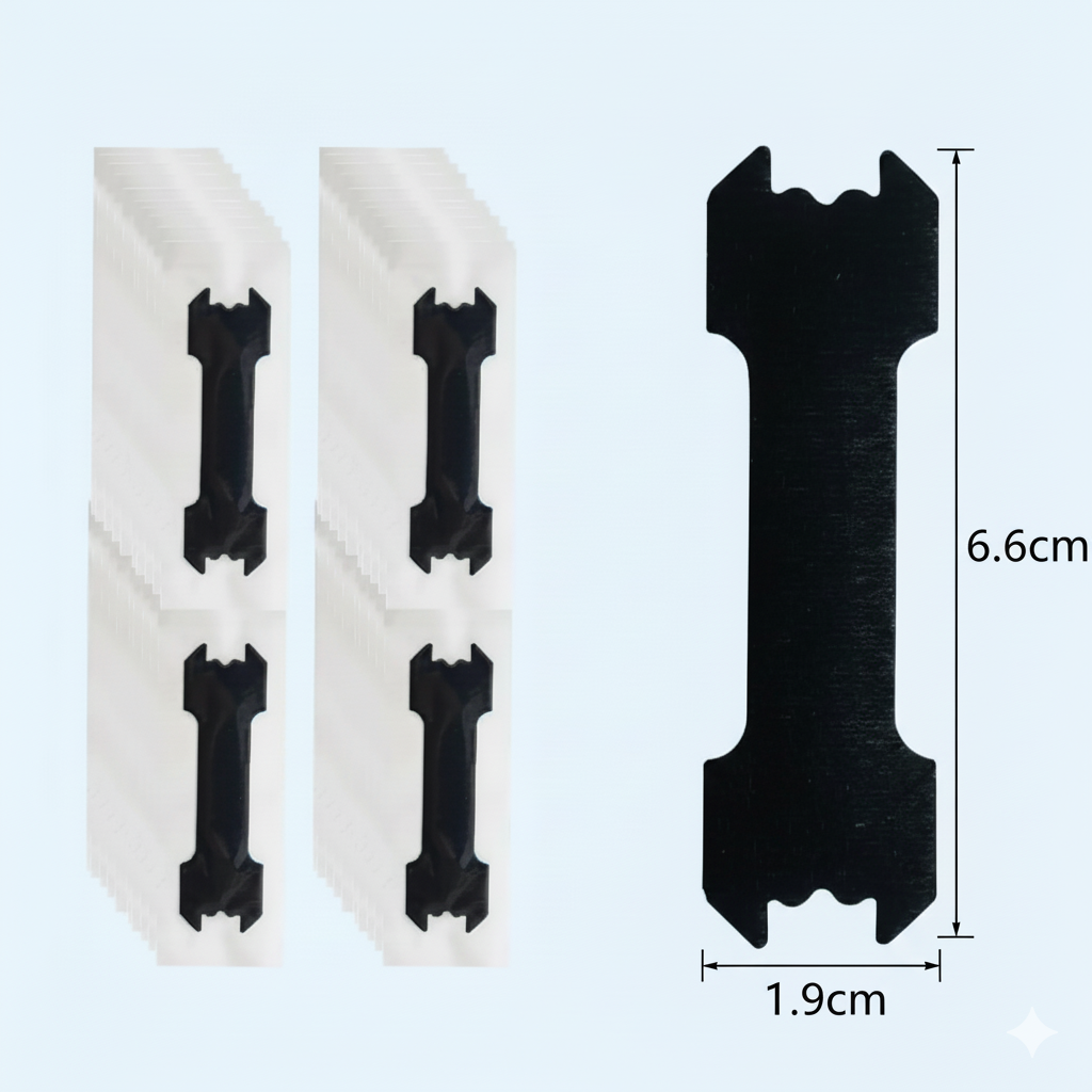 Lot de clips/écarteurs nasaux noirs posés sur fond clair ; vue rapprochée d’une pièce avec dimensions indiquées : 6,6 cm × 1,9 cm — format compact pour application nasale.