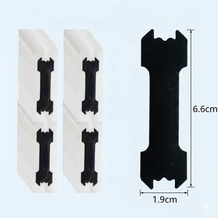 Lot de clips/écarteurs nasaux noirs posés sur fond clair ; vue rapprochée d’une pièce avec dimensions indiquées : 6,6 cm × 1,9 cm — format compact pour application nasale.
