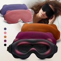 Masques de sommeil 3D contournés empilés : versions noir, violet, rose, orange et bordeaux, avec masque profilé en avant.