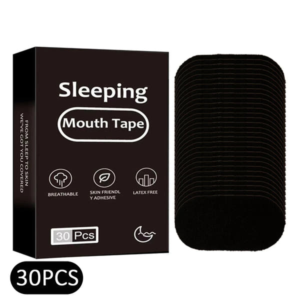 Boîte de 30 patchs adhésifs noirs pour bouche empilés ; packaging « Sleeping Mouth Tape » avec icônes respirant, hypoallergénique et sans latex.