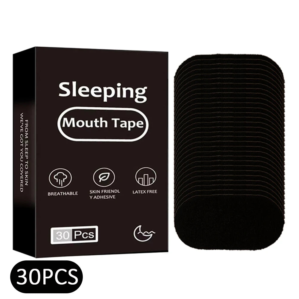 Boîte de 30 patchs adhésifs noirs pour bouche empilés ; packaging « Sleeping Mouth Tape » avec icônes respirant, hypoallergénique et sans latex.