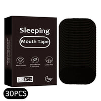 Boîte de 30 patchs adhésifs noirs pour bouche empilés ; packaging « Sleeping Mouth Tape » avec icônes respirant, hypoallergénique et sans latex.