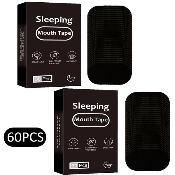 Boîte de 60 patchs adhésifs noirs pour bouche empilés ; packaging « Sleeping Mouth Tape » avec icônes respirant, hypoallergénique et sans latex.