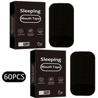 Boîte de 60 patchs adhésifs noirs pour bouche empilés ; packaging « Sleeping Mouth Tape » avec icônes respirant, hypoallergénique et sans latex.
