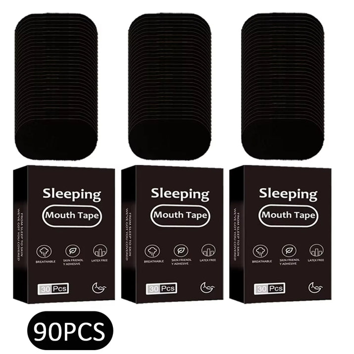 Boîte de 90 patchs adhésifs noirs pour bouche empilés ; packaging « Sleeping Mouth Tape » avec icônes respirant, hypoallergénique et sans latex.
