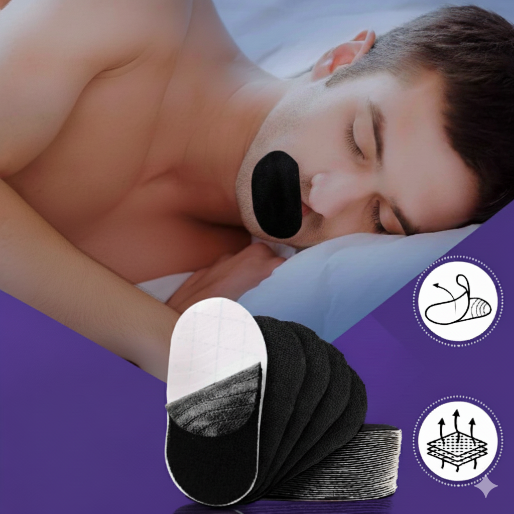 Homme endormi portant un patch adhésif noir sur la bouche ; au premier plan, un lot de patchs adhésifs empilés.