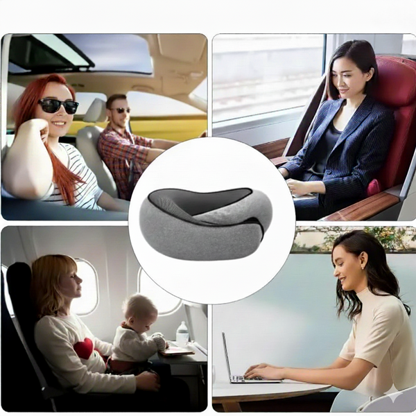 Montage montrant un tour de cou ergonomique gris utilisé en voiture, train, avion et au bureau ; produit central mis en avant.